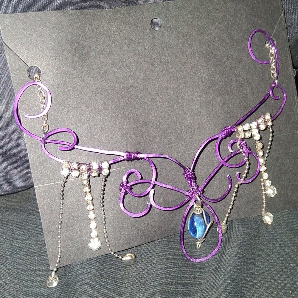 Handmade Purple and Blue Wire Necklace with Crystal Accents